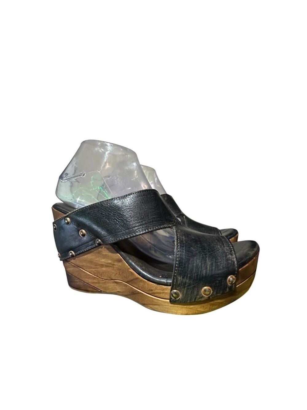 Bed Stu Olea Black Leather Wedge Sandals Wooden Heel Size 9 Y2K Plaftform Boho